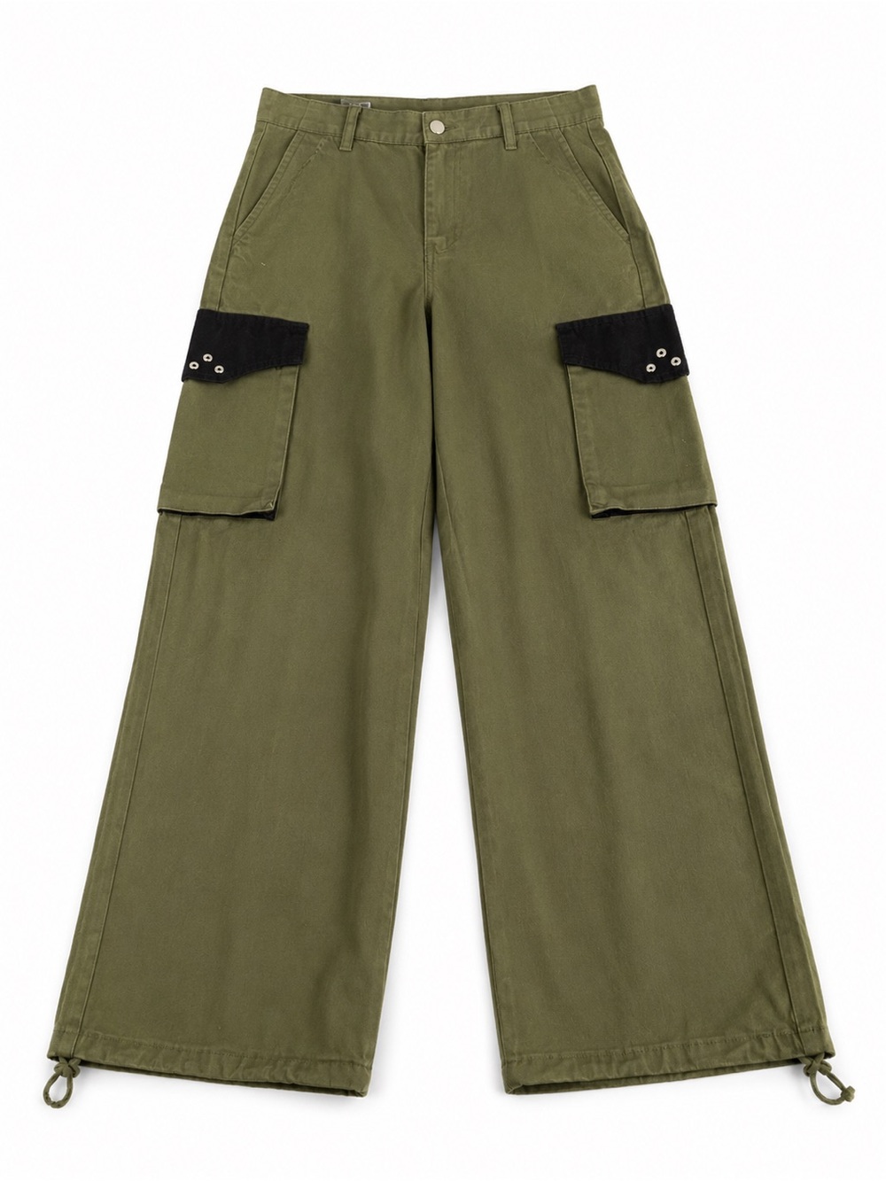 NWT American Bazi Olive Wide Leg Cargo Pants Black Pocket Detail Size Small